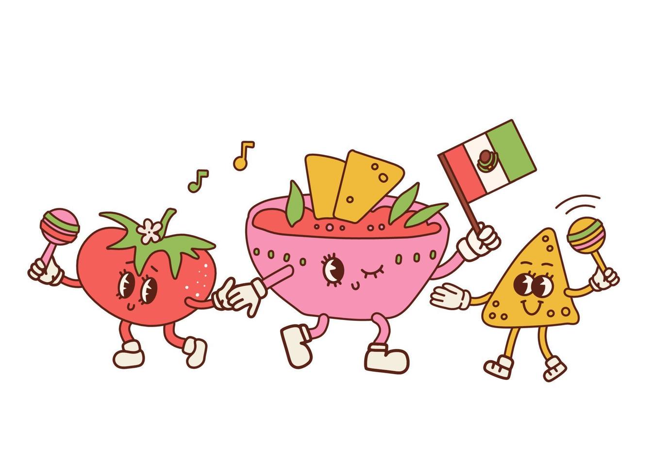 Funny Nachos with tomato and salsa sauce characters. Retro cartoon mexican food party. Nacho chips with maracas in hands, sauce bowl with Mexican flag. Vector contour hand drawn illustration.