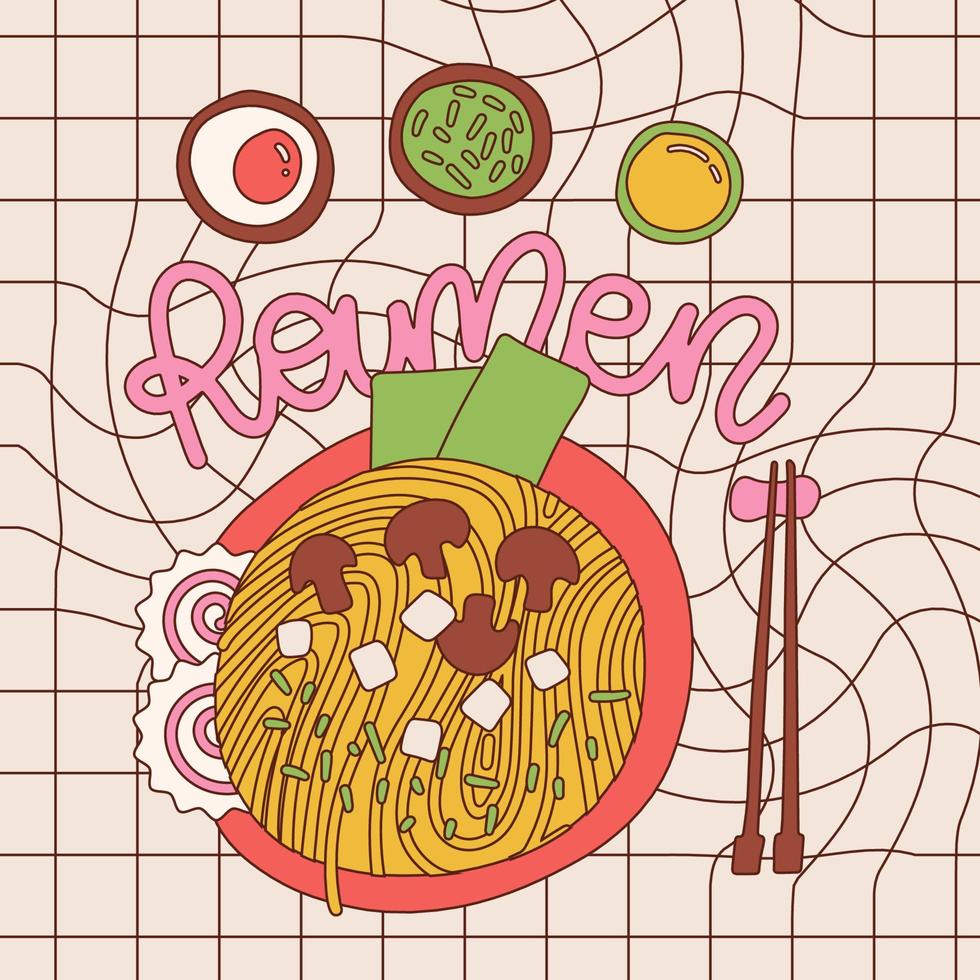 Noodle hand drawn banner template. Traditional japanese dish with stylized lettering Ramen. Pan with noodles, mushrooms, tofu, nori, Narutomaki on checkered background. Restaurant menu, poster design vector