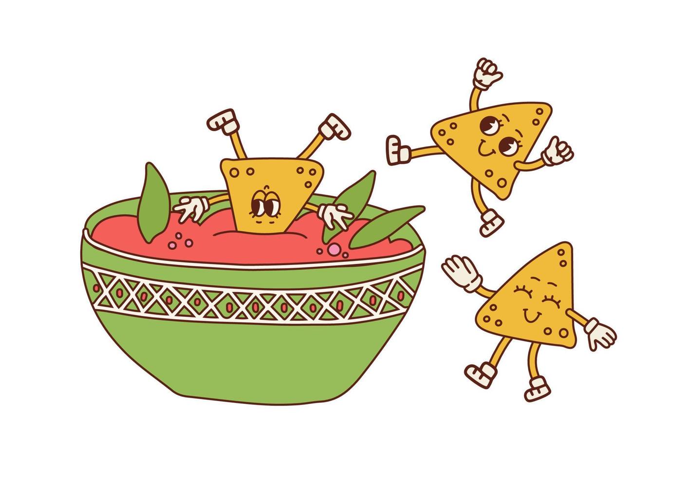 Nachos retro cartoon characters having fun. Nacho dip in bowl. Nacho mascot design. Chilli dip. Salsa Sauce cup. Mexican food party. Contour hand drawn vector illustration.