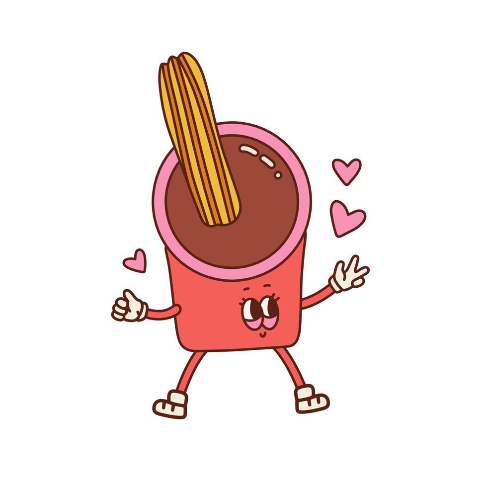 In love bakery churros mascot in cup with chocolate. Retro cartoon style character isolated. Vector contour hand drawn illustration. Valentines day.