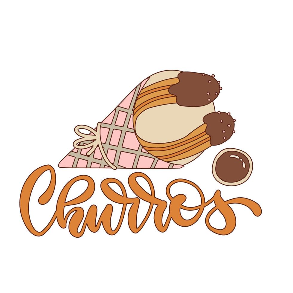 concepto de letras de churros. Letras dibujadas a mano con palo de churros en bolsa de papel. ilustración de contorno vectorial. vector