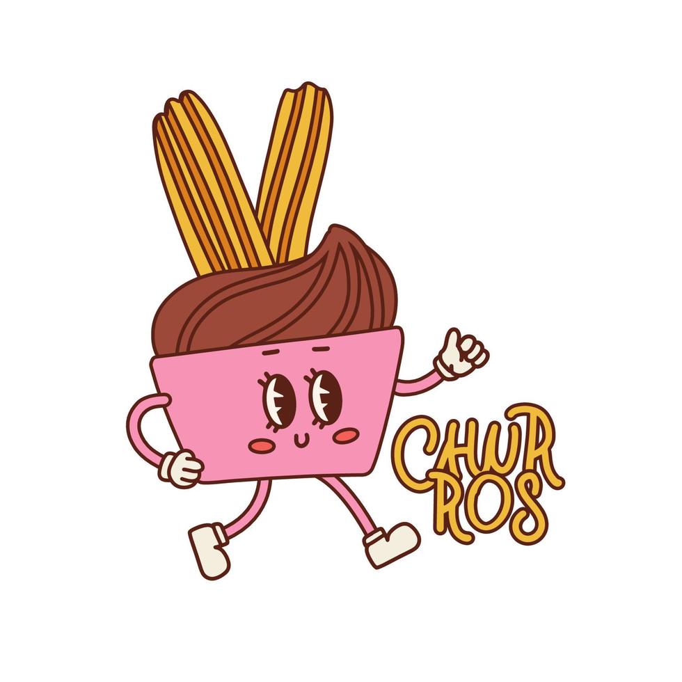 Retro cartoon style churros character isolated. Chocolate dip 50s sweets character. Vector contour hand drawn illustration.
