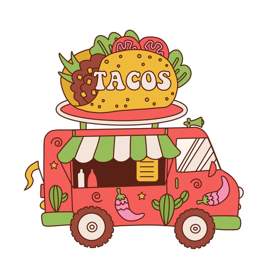 camión de tacos camión de comida rápida en la calle con un taco enorme en el techo, concepto aislado de restaurante de comida para llevar, mercado en la ilustración de vectores callejeros en estilo retro de dibujos animados.