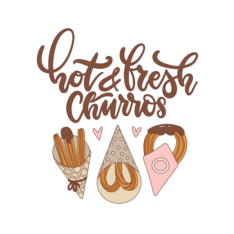 Hot and fresh churros. Hand drawn lettering with churros sticks in vintage different paper bags. Contour hand drawn vector illustration.