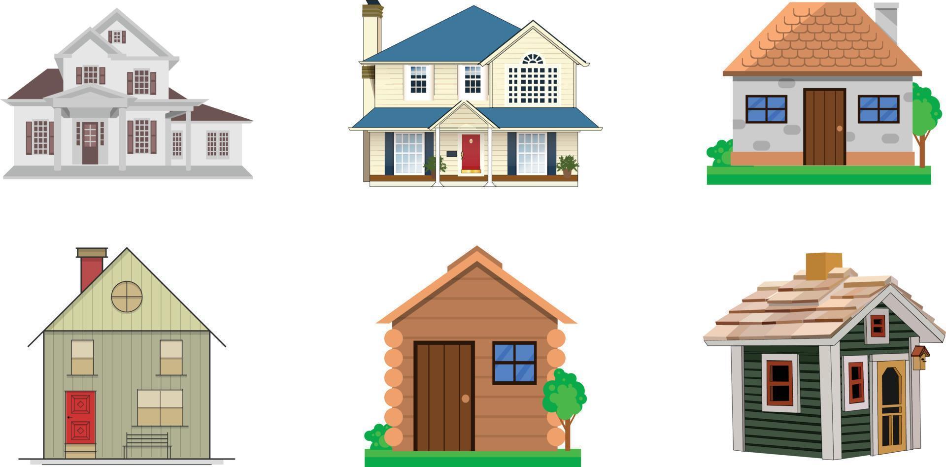 Houses exterior vector illustration front view with roof. Modern. Townhouse building apartment. Home facade with doors and windows.