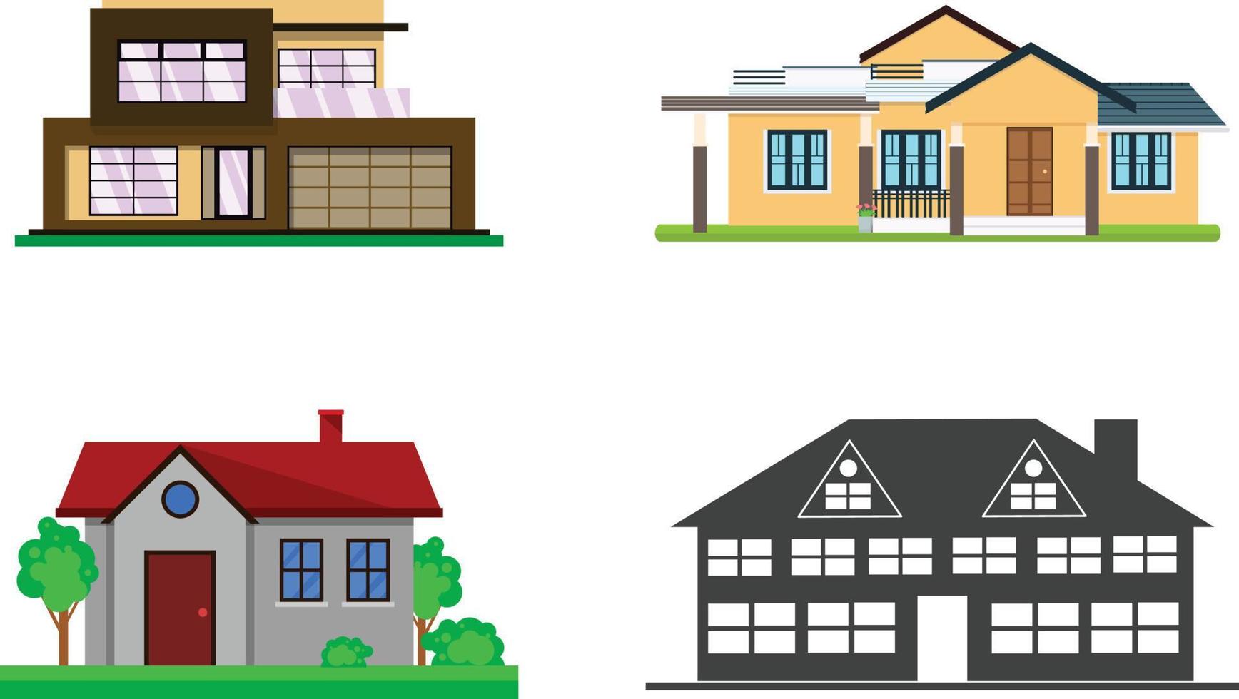 Houses exterior vector illustration front view with roof. Modern. Townhouse building apartment. Home facade with doors and windows.