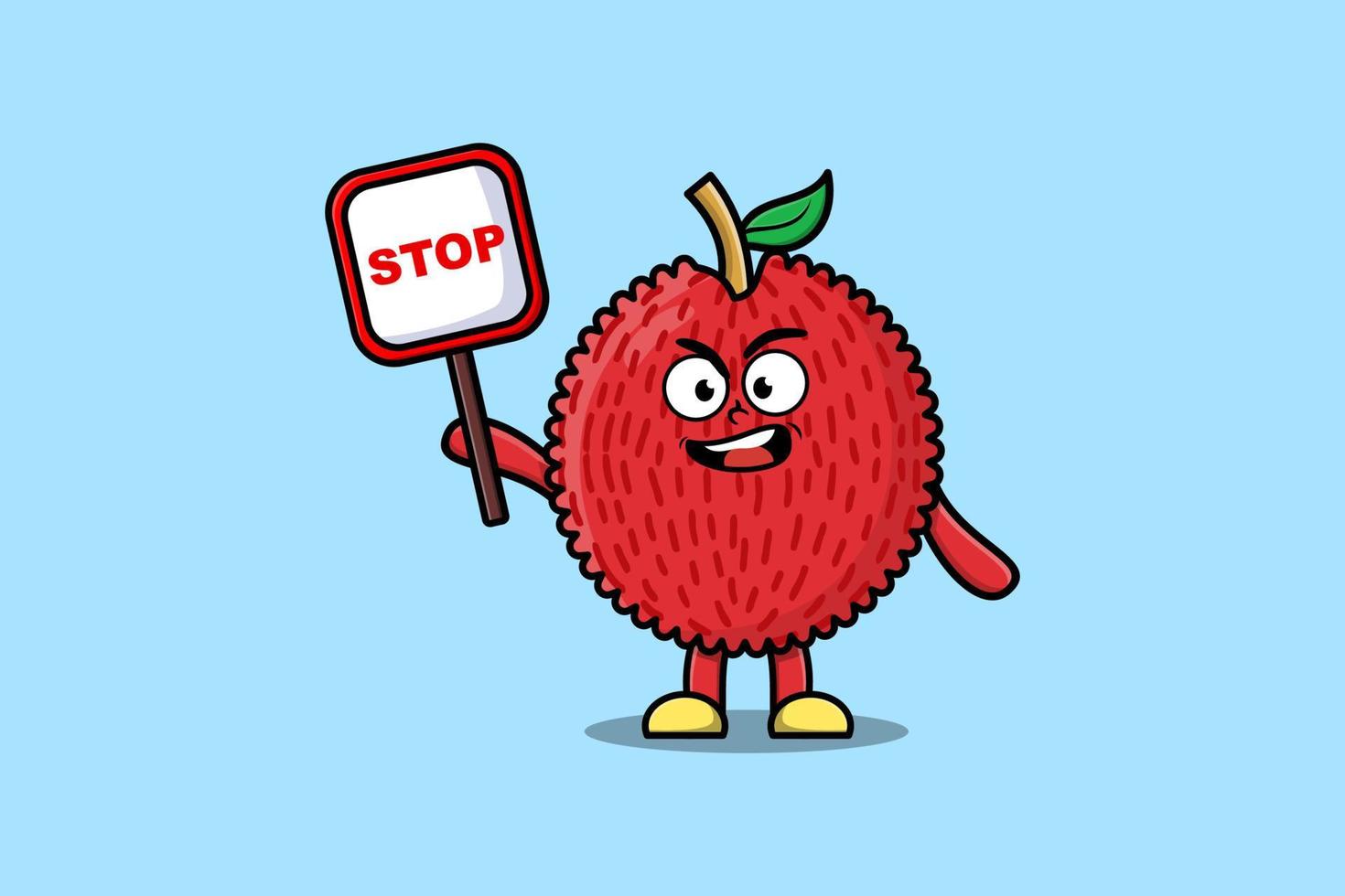 Cute Cartoon mascot Lychee with stop sign board vector