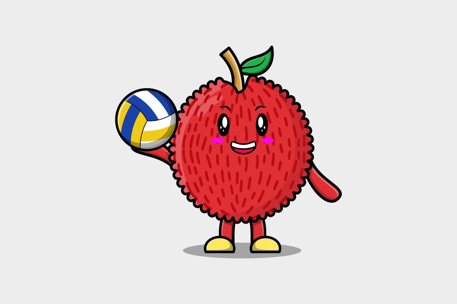 Cute cartoon Lychee character playing volleyball vector
