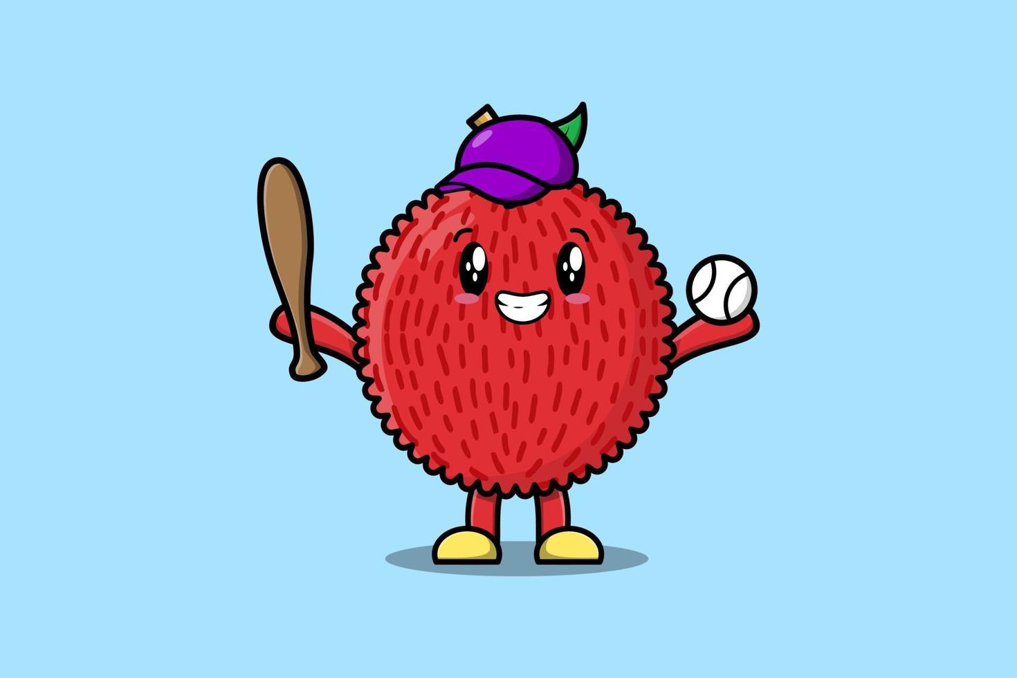 Cute cartoon Lychee character playing baseball vector