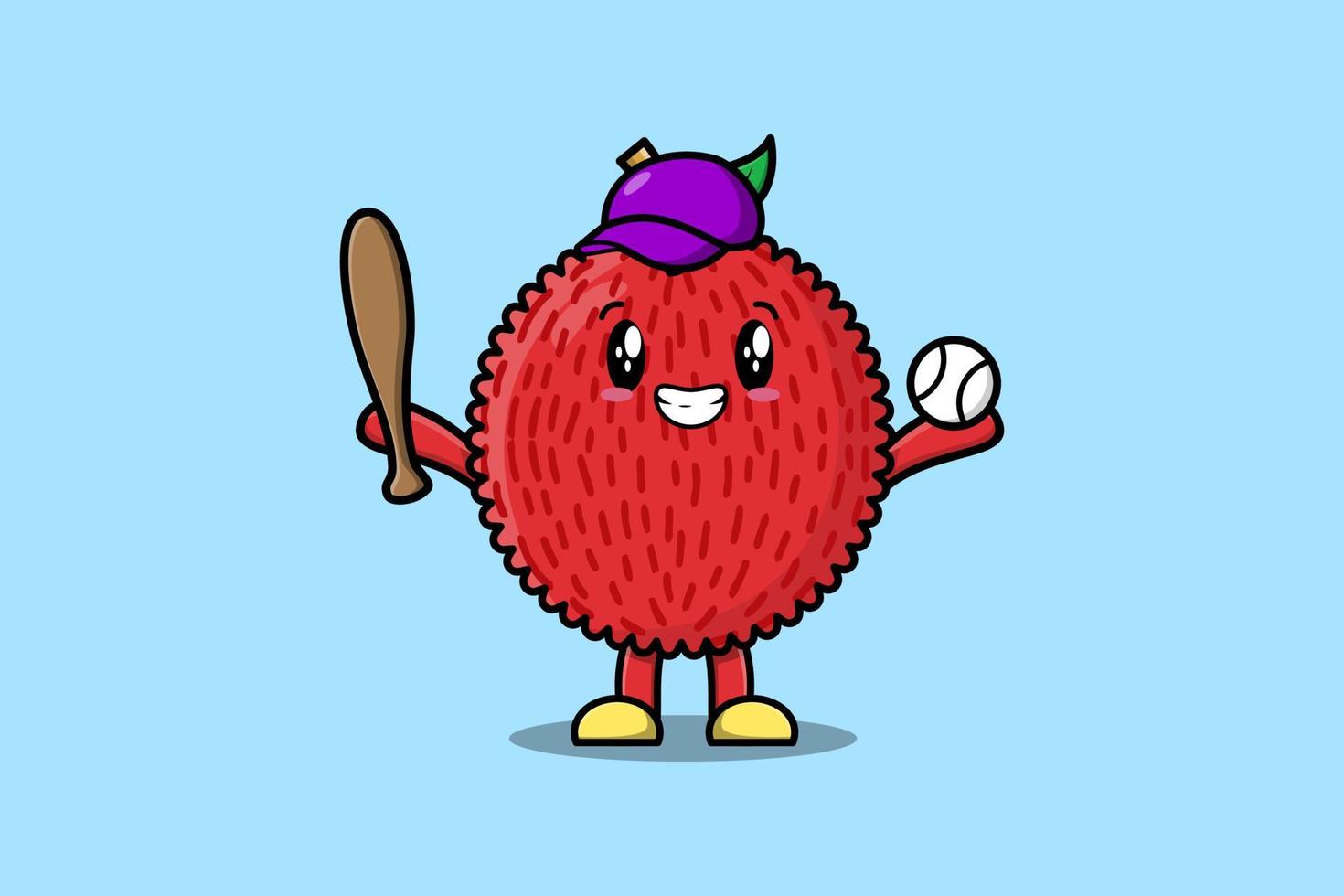 personaje de lichi de dibujos animados lindo jugando béisbol vector