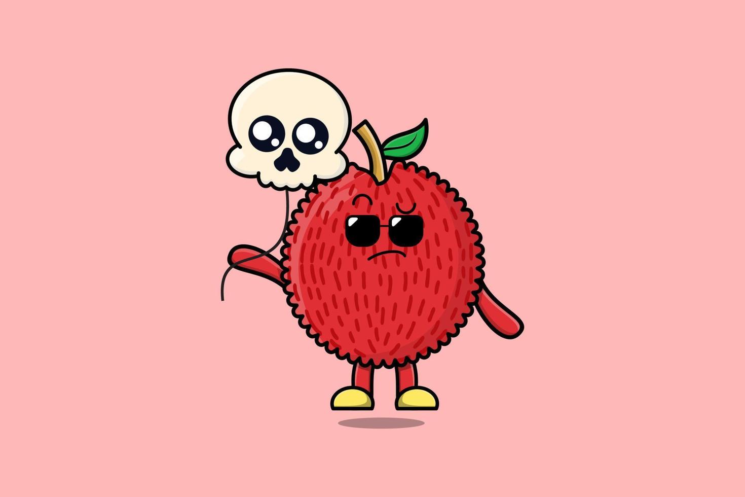 Cute cartoon Lychee floating with skull balloon vector