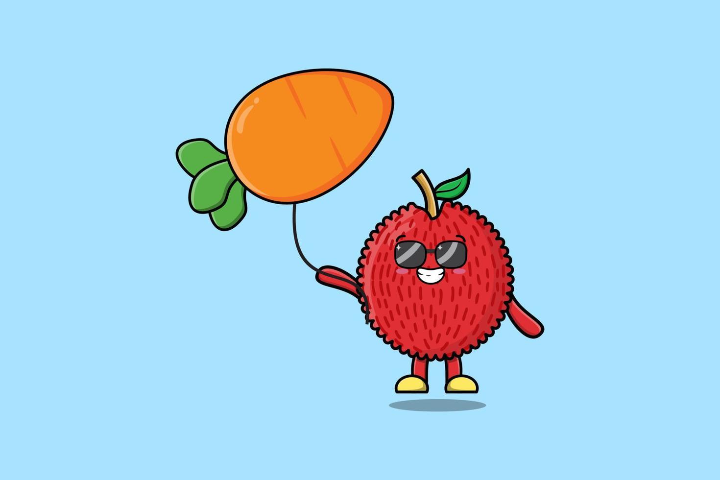 Cute cartoon Lychee floating with carrot balloon vector