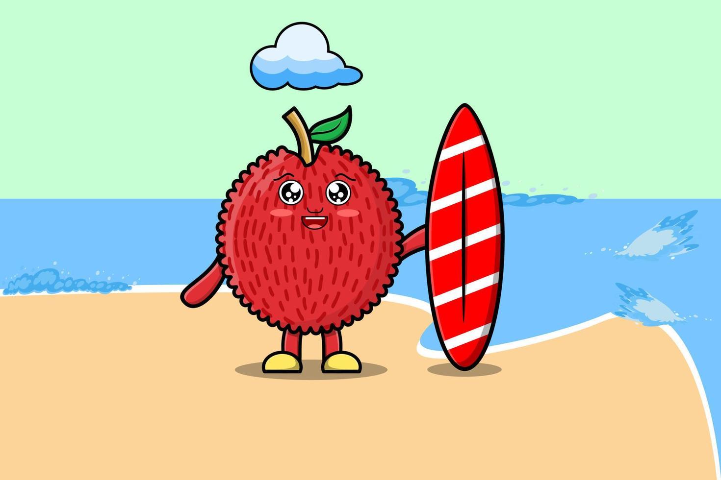 Cute cartoon Lychee character playing surfing vector