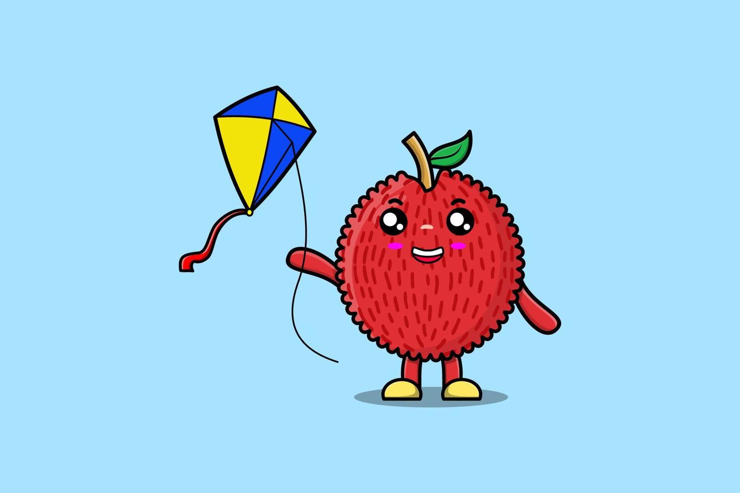 Cute cartoon Lychee character playing kite flying vector