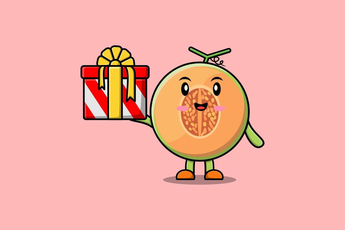 lindo personaje de dibujos animados de melón con caja de regalo vector