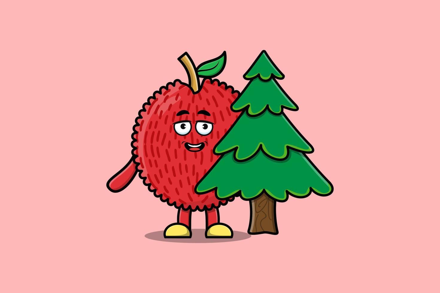 lindo personaje de lichi de dibujos animados árbol escondido vector