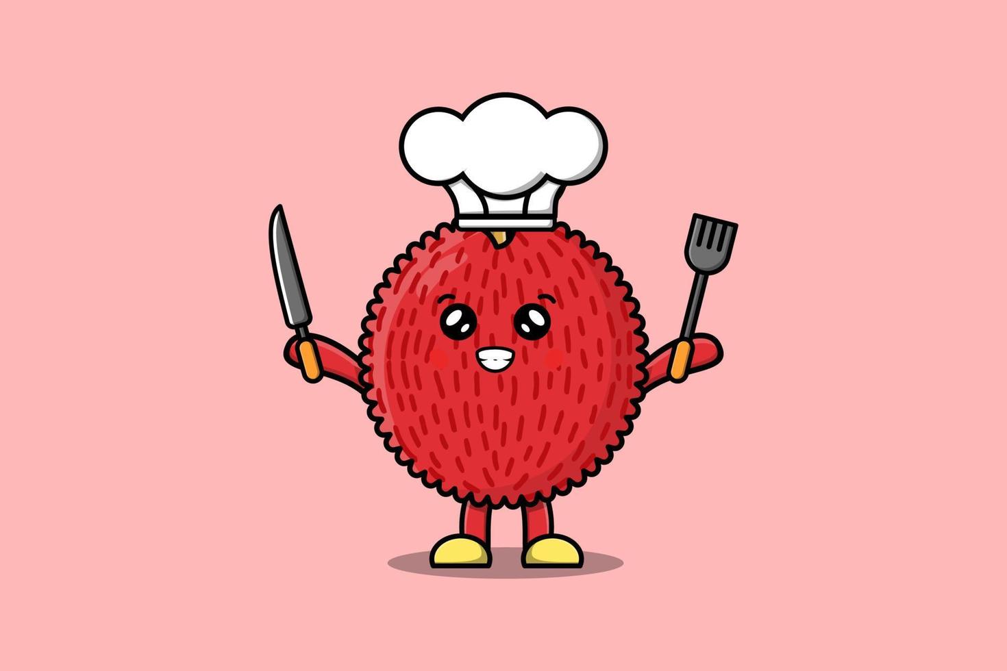 Cute cartoon Lychee chef holding knife and fork vector