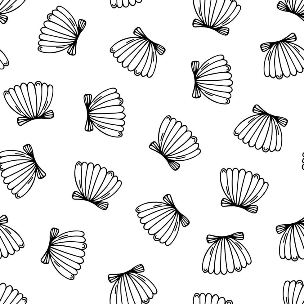 Scallop shell seamless vector pattern. Hand drawn simple doodle on white background. Closed sea mollusk. Seafood, tasty delicacy. Outline, seashell sketch. Backdrop for wallpaper, textiles, packaging