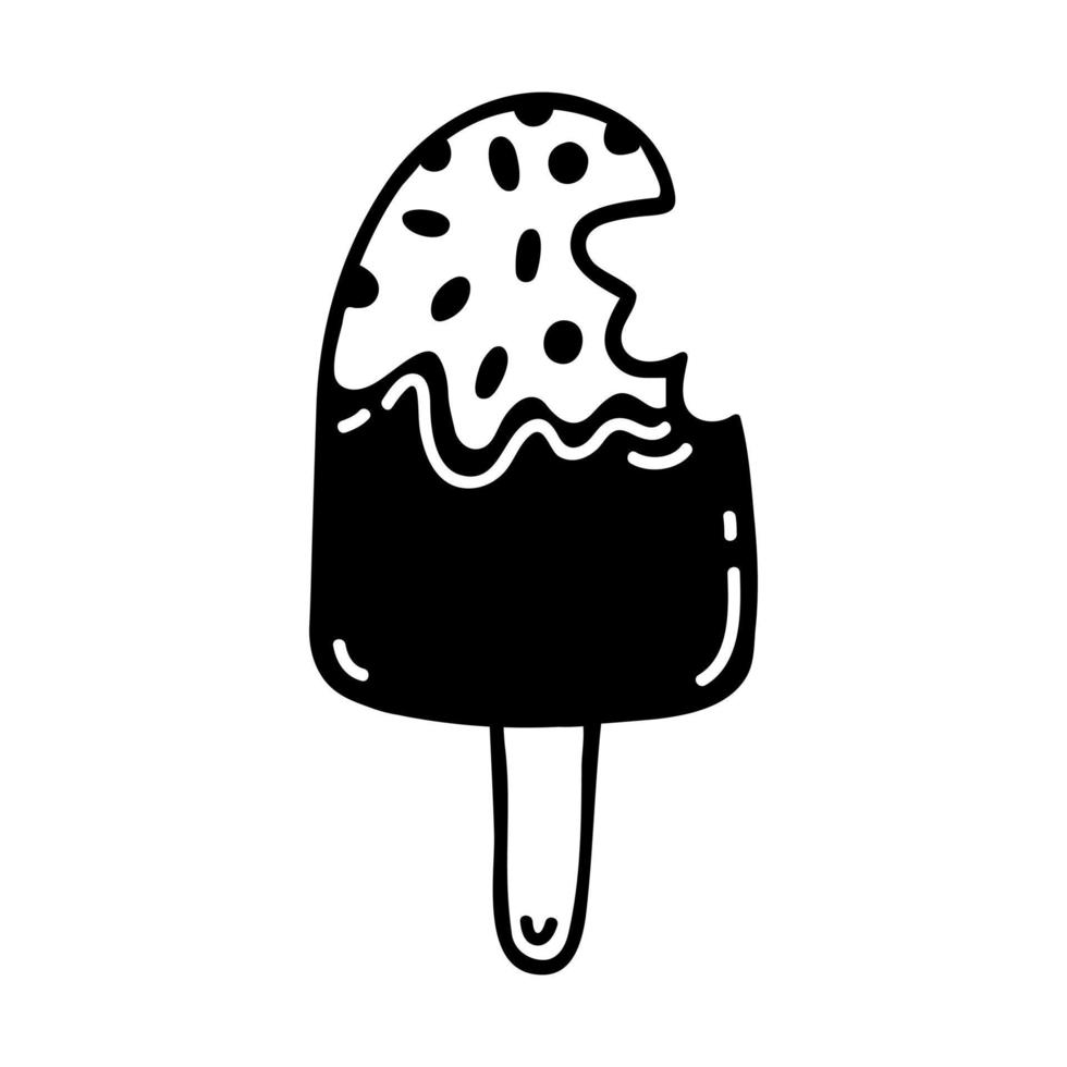 Bitten ice cream vector icon. Cold summer dessert in chocolate glaze with sprinkling. Hand drawn simple doodle isolated on white. Delicious treat on a stick, popsicle. Cartoon clipart for prints, logo