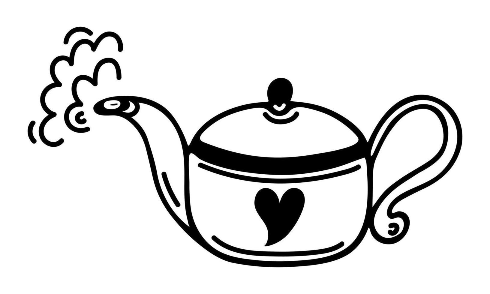 Ceramic teapot with hot tea. Simple vector icon. Hand drawn doodle isolated on white background. Kitchen kettle with a heart, steam comes out of the spout. Flat cartoon clipart for menu design, prints