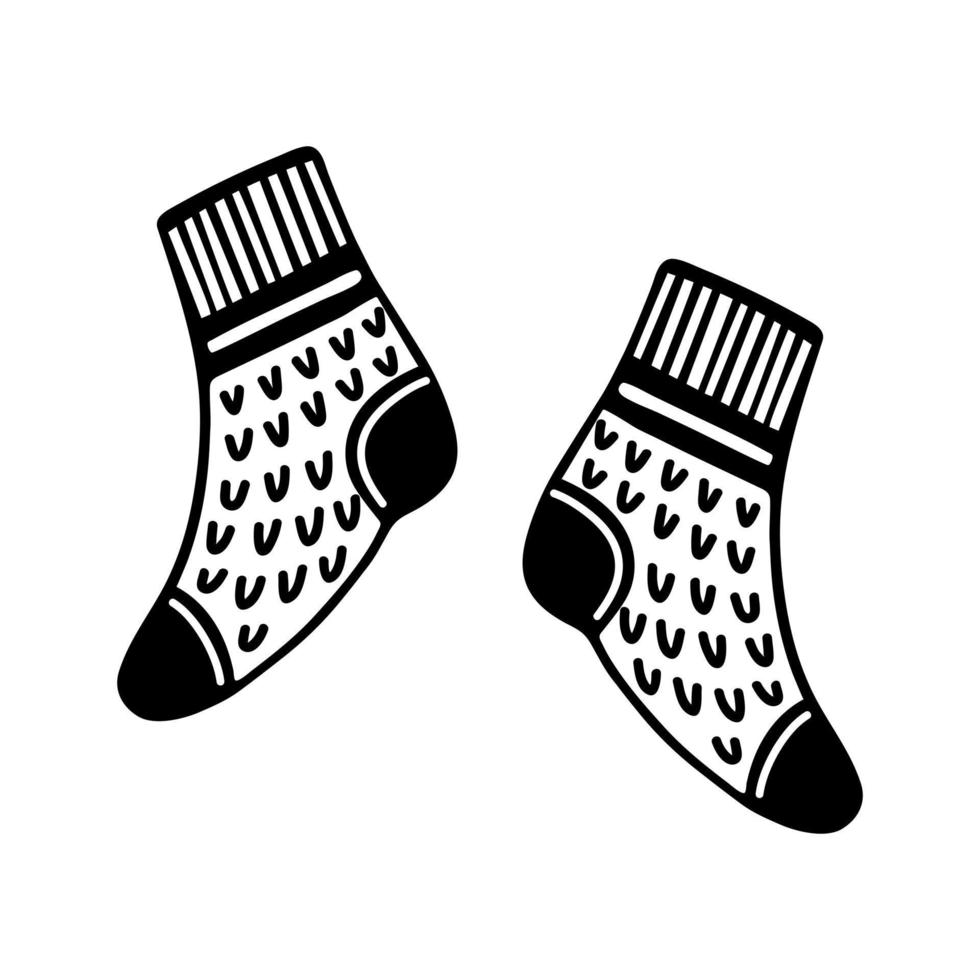 Pair of wool knitted socks. Simple vector icon. Hand drawn doodle isolated on white background. Soft warm clothes for feet. Homemade stockings for winter. Cartoon clipart for cards, posters, prints