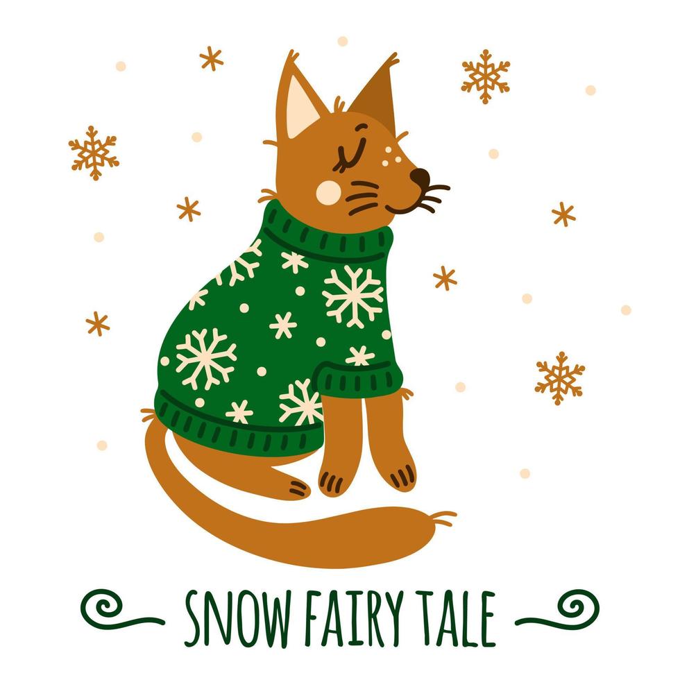 Cute Christmas fox in a warm sweater. Little forest animal in a green jacket decorated with snowflakes. Snow fairy tale, red cub. Beast isolated on white. Simple cartoon clipart for cards, posters vector