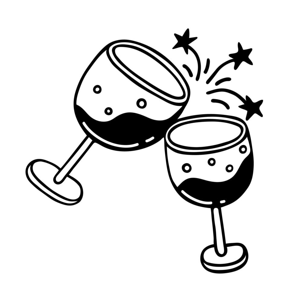 Two clinking glasses with wine. Simple vector icon. Hand drawn doodle isolated on white background. Cheers, champagne cups sparkle and shine. Flat clipart for greeting cards, invitations, bar menu