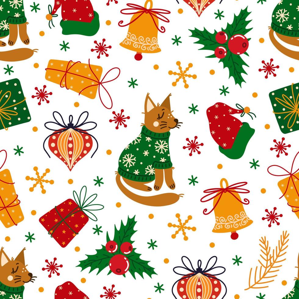 Merry Christmas and happy New Year seamless vector pattern. Holiday symbols - cute festive fox, holly, gifts, jingle bells, snowflakes, Santa Claus hat. Flat cartoon background for wallpaper, prints