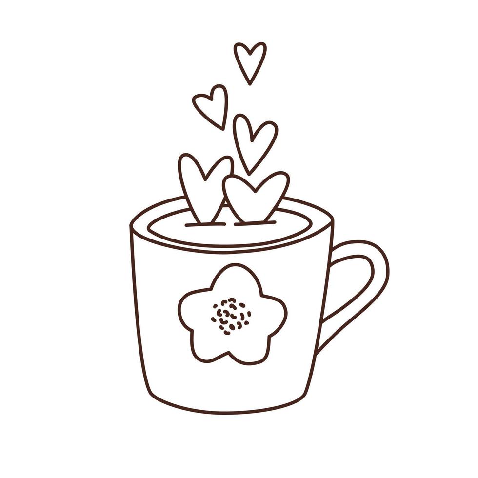 ilustración de vector de garabato monocromo de taza con corazones. elemento de diseño del día de san valentín para crear san valentín, etiquetas de regalo, tarjetas de felicitación el 14 de febrero.