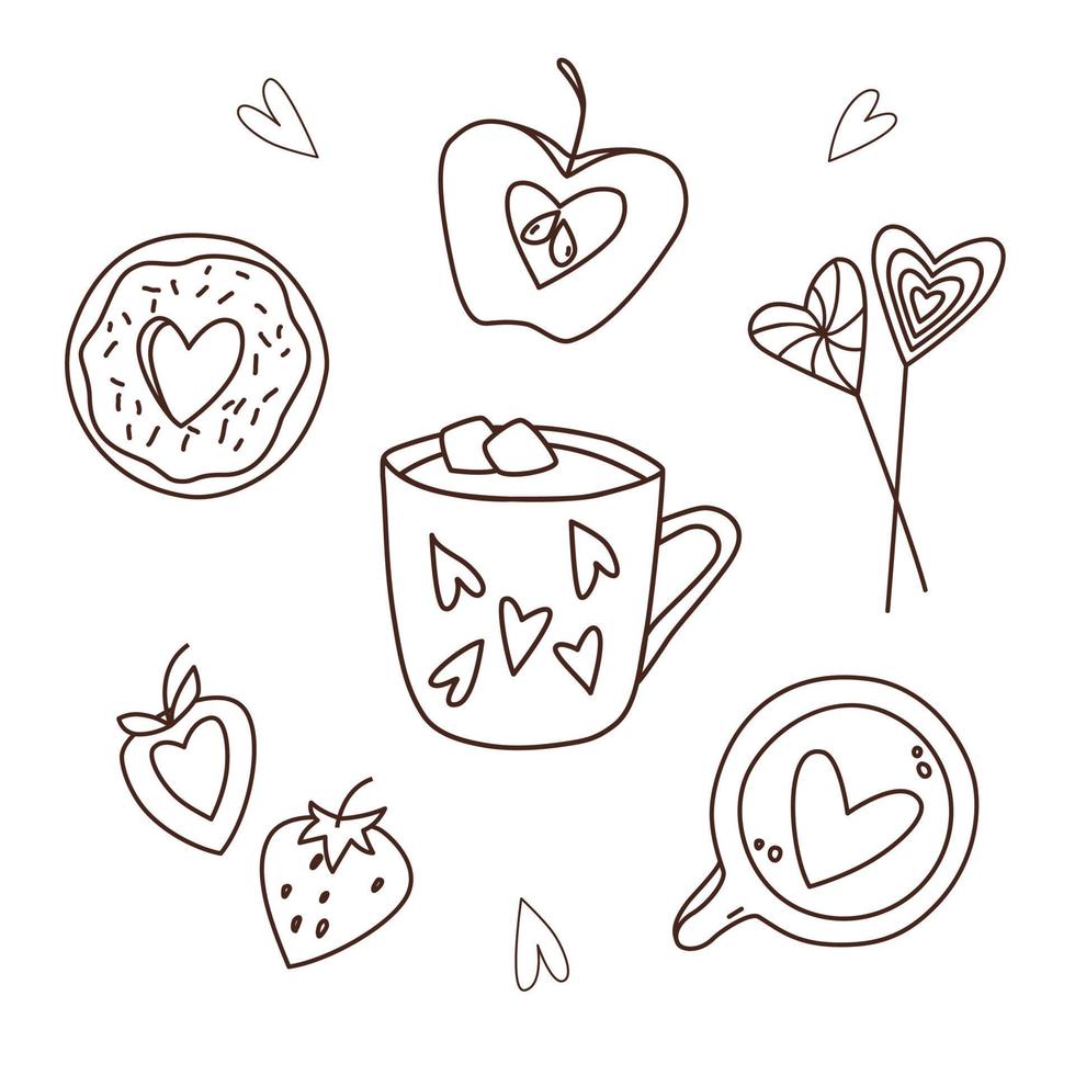 conjunto de ilustración de comida de doodle de día de san valentín. dibujos vectoriales de chocolate caliente con malvaviscos, donut con corazón, capuchino, piruletas, manzana, fresa. 14 de febrero elementos de diseño de tarjetas de felicitación vector