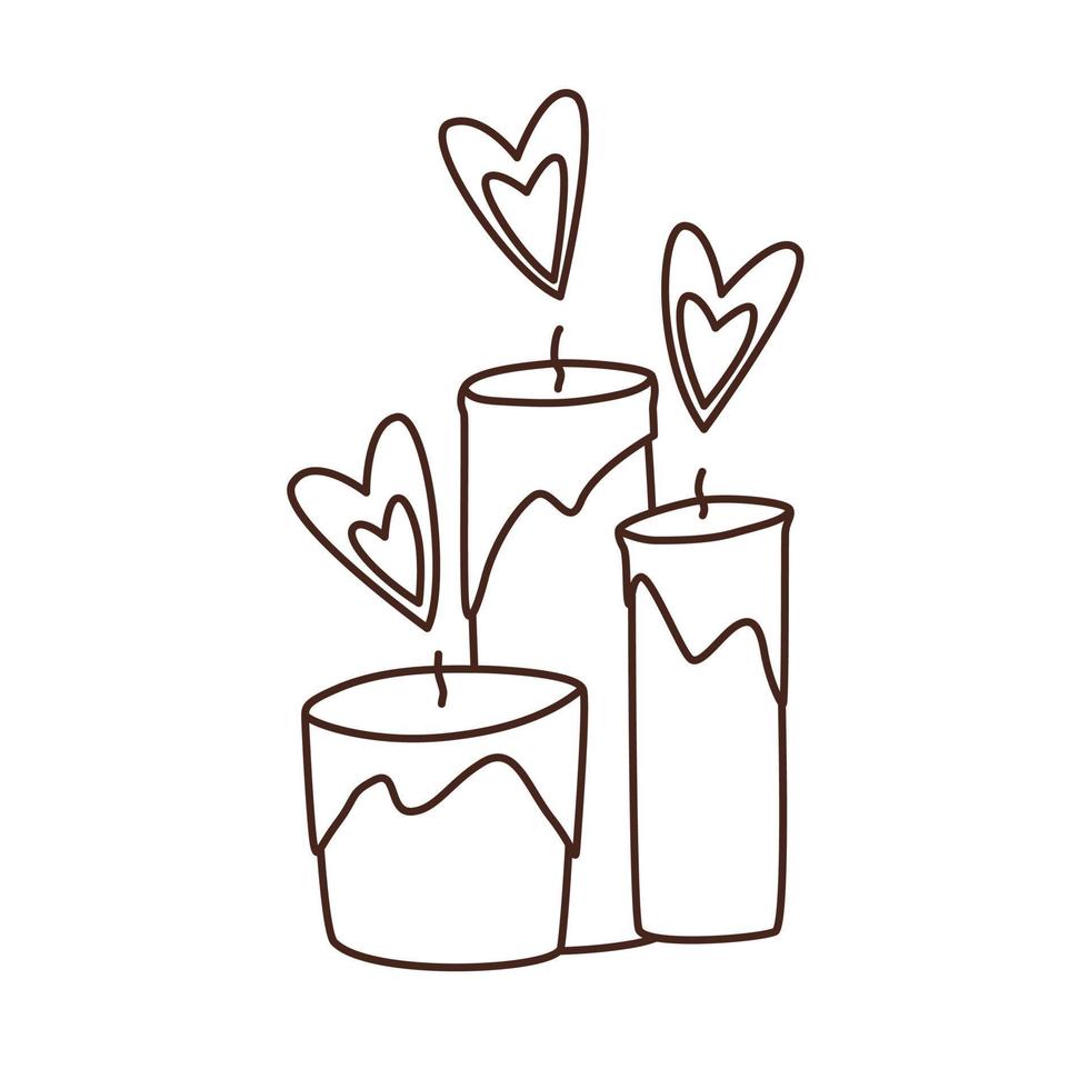 Doodle outline vector illustration of burning candles with hearts. Valentines day illustration. Febrary 14. design element.