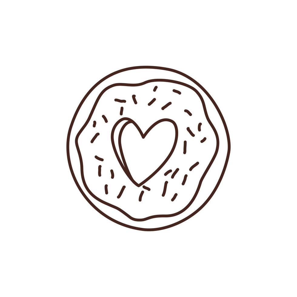 Doodle vector drawing of donut with heart. Valentines day monochrome, linear illustration. Single element for Febrary 14 designs.