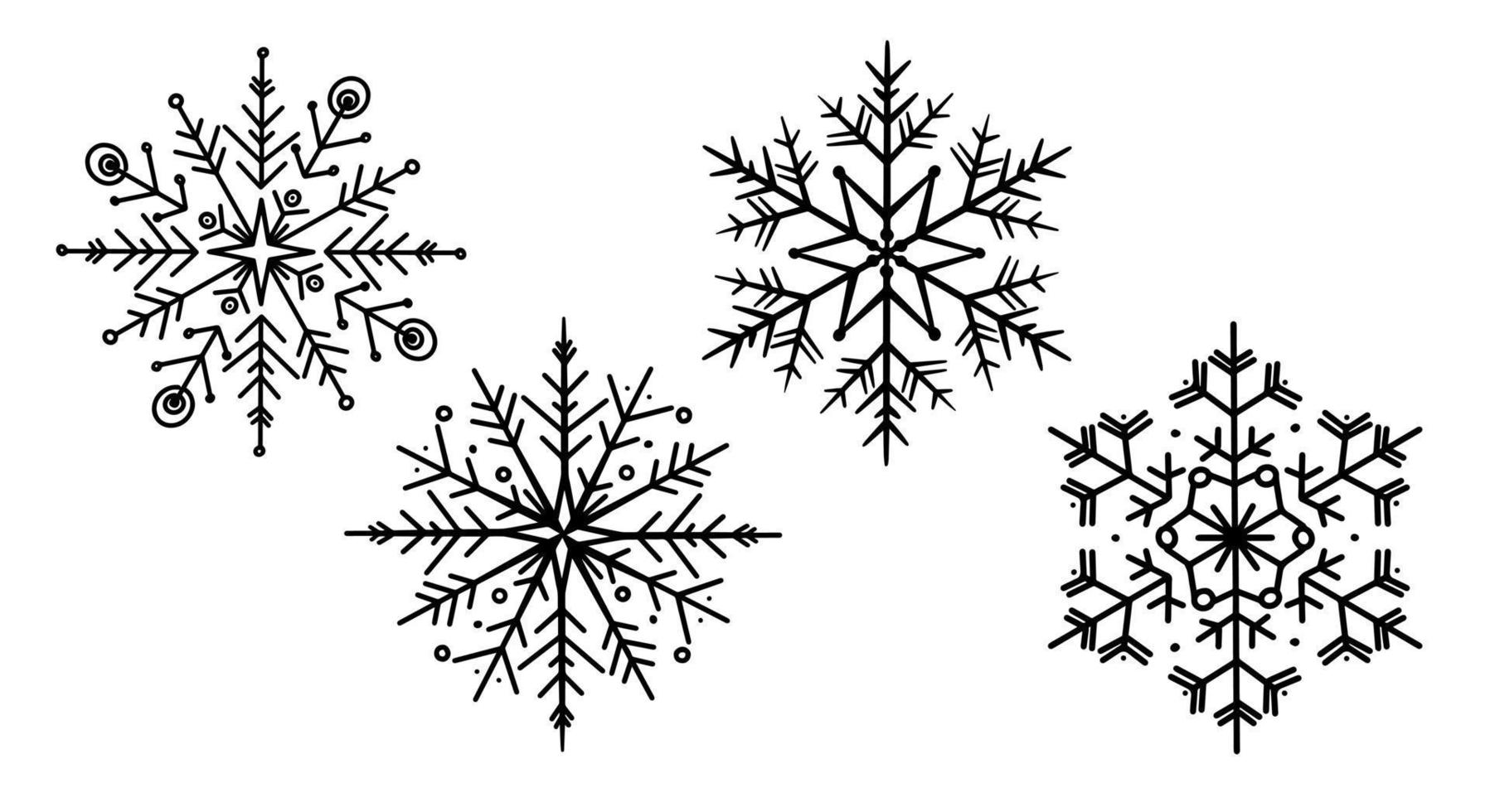 Doodle snowflakes vector illustration set. Black and white design elements for New Year and Christmas decor, removable window clings and decals.