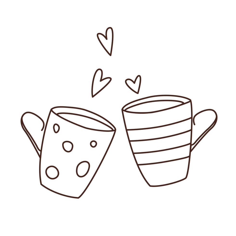 Monochrome vector contour drawing of couple of tea cups with hearts. Romantic Valentines day illustration. 14 February doodle design.