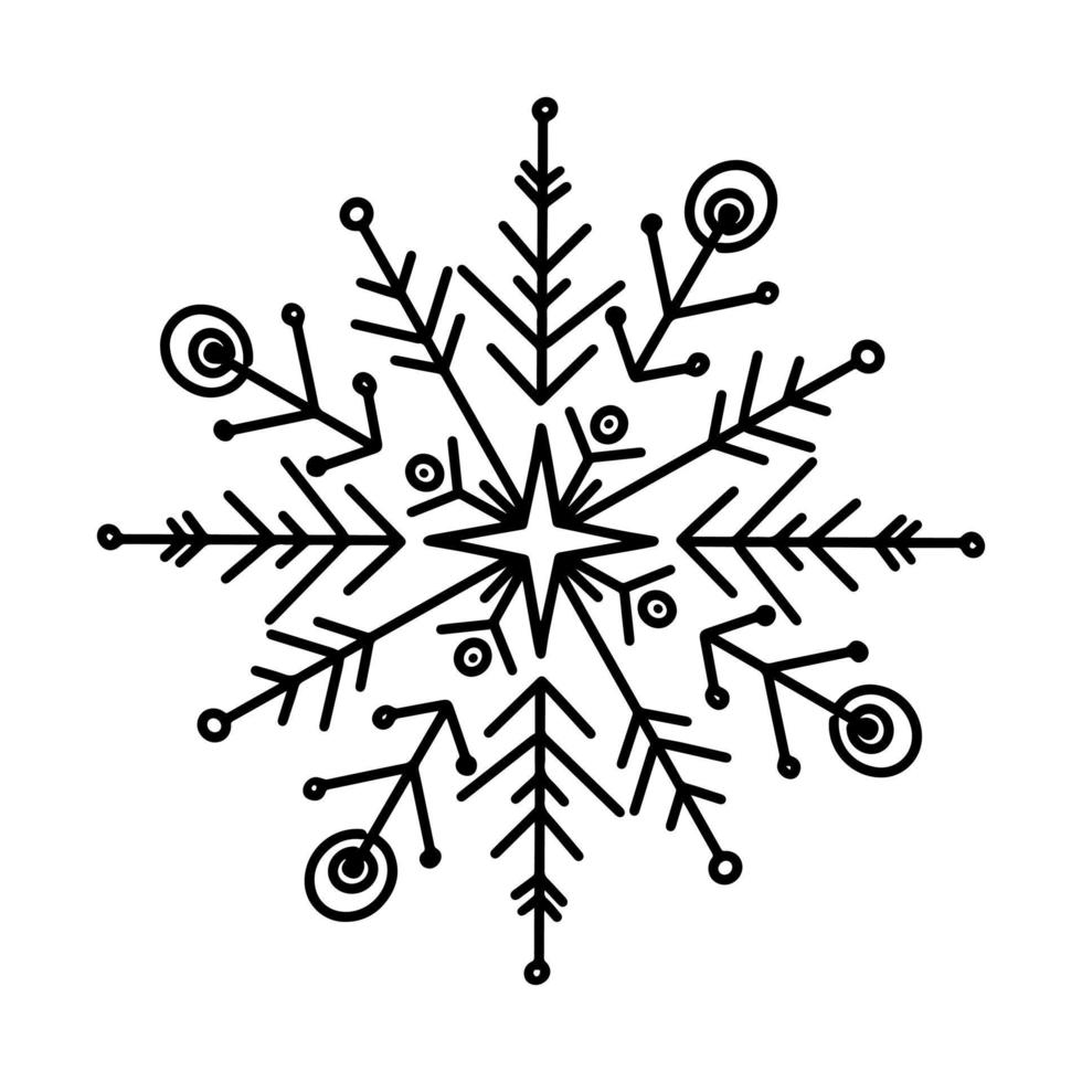 Doodle snowflake vector drawing. Monochrome outline illustration. Winter and Christmas decoration.