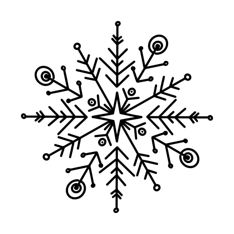 dibujo vectorial de copos de nieve de fideos. ilustración de contorno monocromático. decoración de invierno y navidad. vector