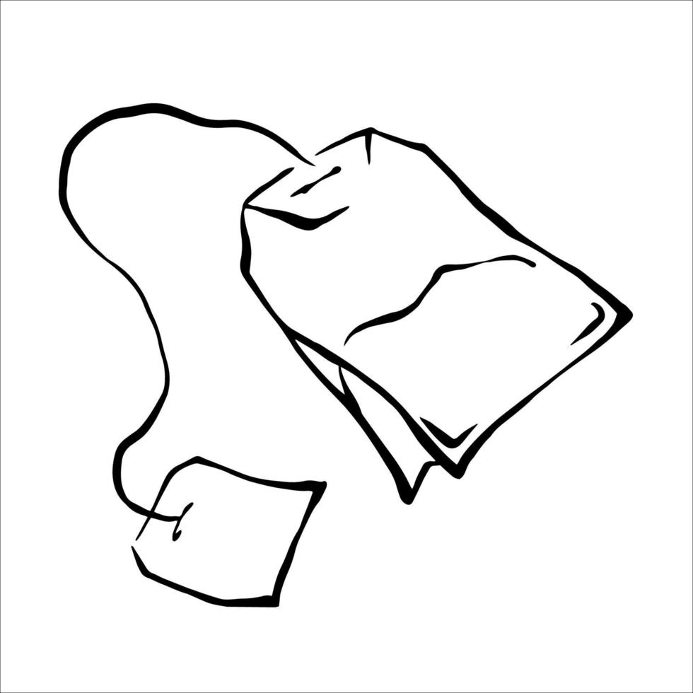 Tea bag with blank label outline monochrome vector contour drawing.