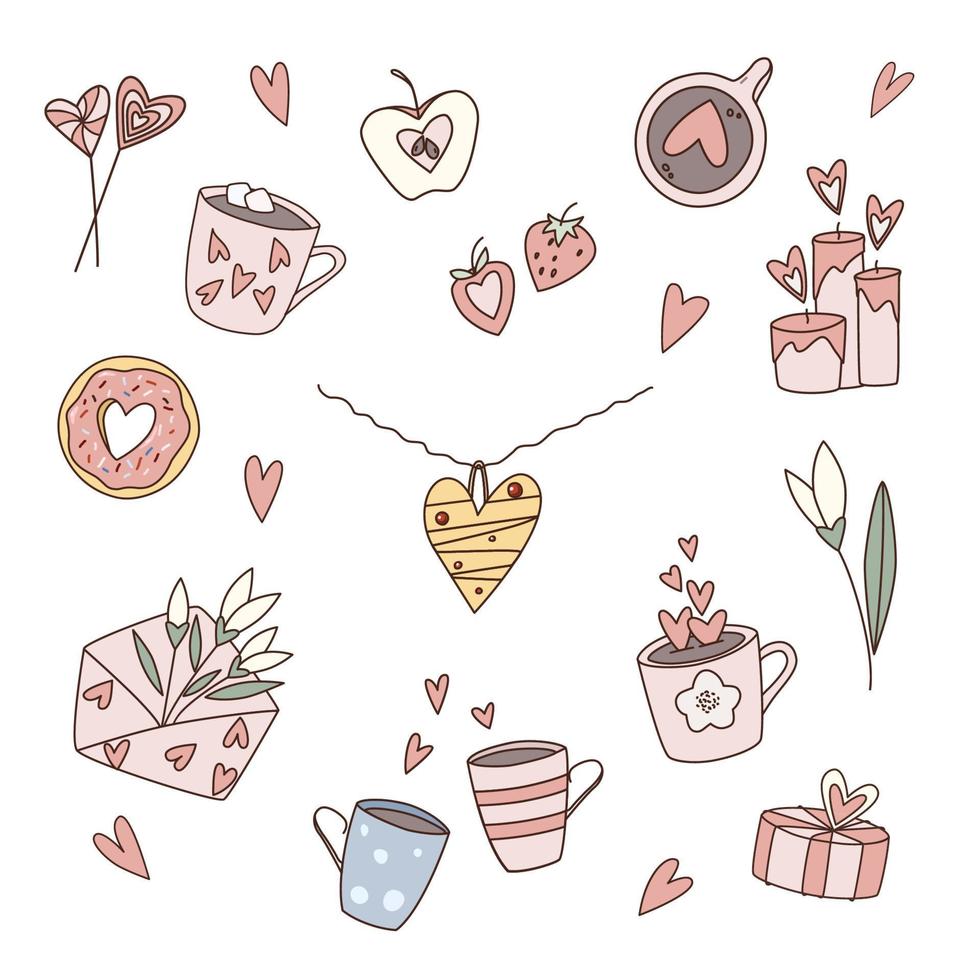 Valentine's day doodle vector illustrations. Set of hand drawn design elements for valentines, gift tags, greeting cards. Coffee, cups, donut, necklace, heart, flowers, envelope, strawberry, candles.