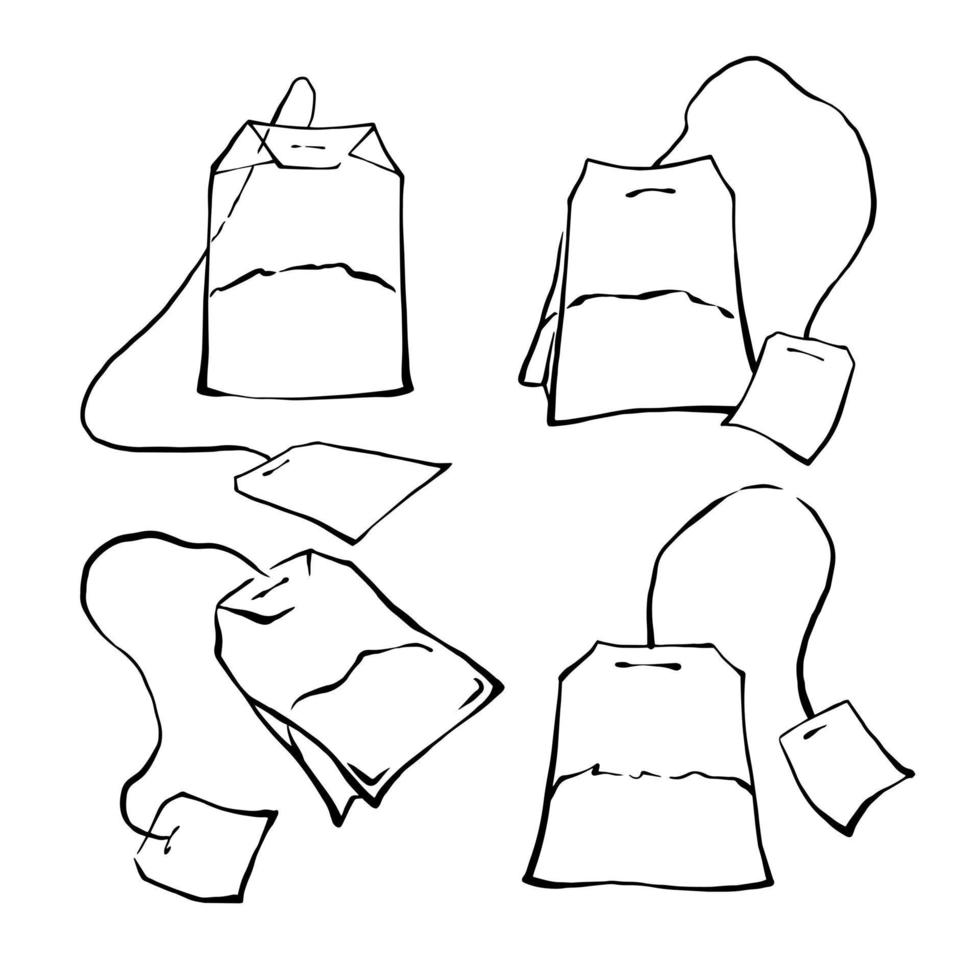 Illustration set of hand drawn black and white classic tea bags with blank labels. Freehand outline vector ink line art.