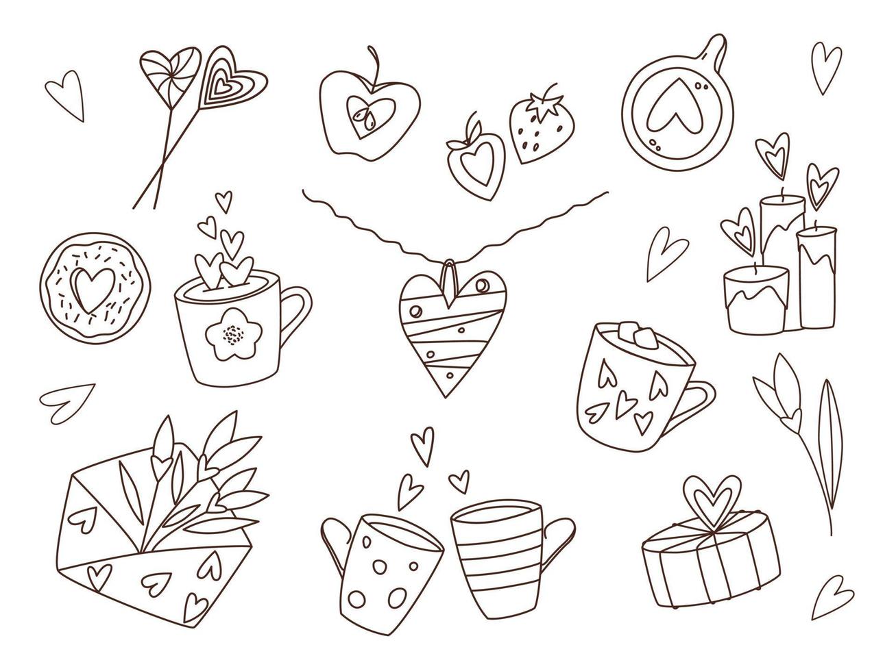 contorno blanco y negro conjunto de garabatos del día de san valentín de ilustraciones vectoriales. elementos de diseño dibujados a mano. capuchino, donut, collar de corazón, caja de regalo, velas, sobre abierto, flores, fresa. vector