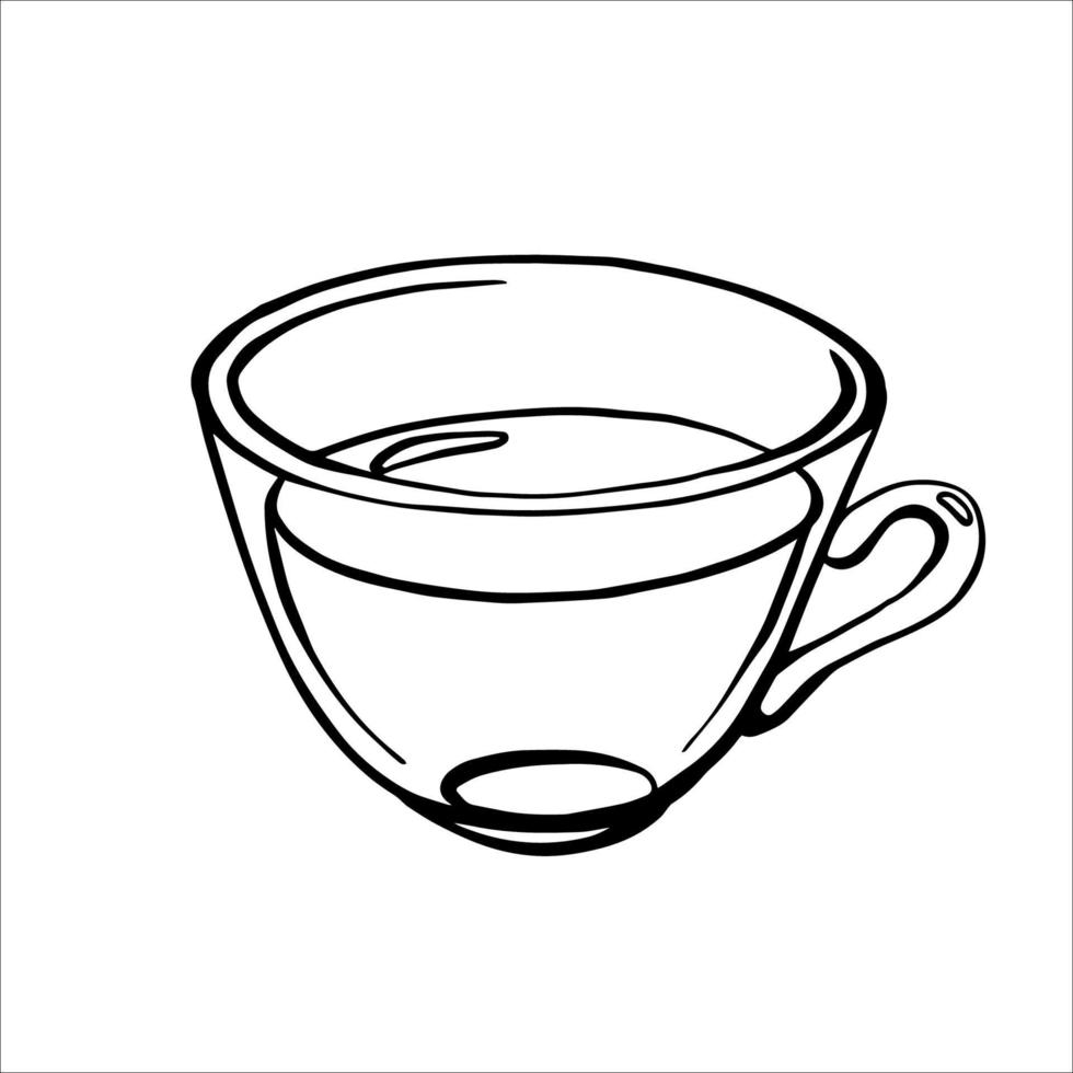 Hand drawn transparent tea cup. Black and white linear vector illustration.