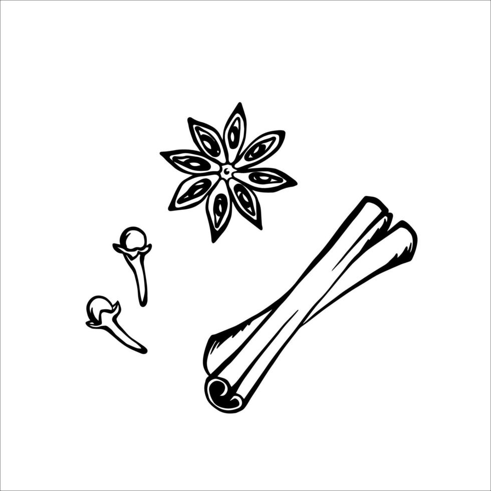 Black and white outline spices vector illustration. Cinnamon stick, carnation, anise star. Design elements set in doodle style.