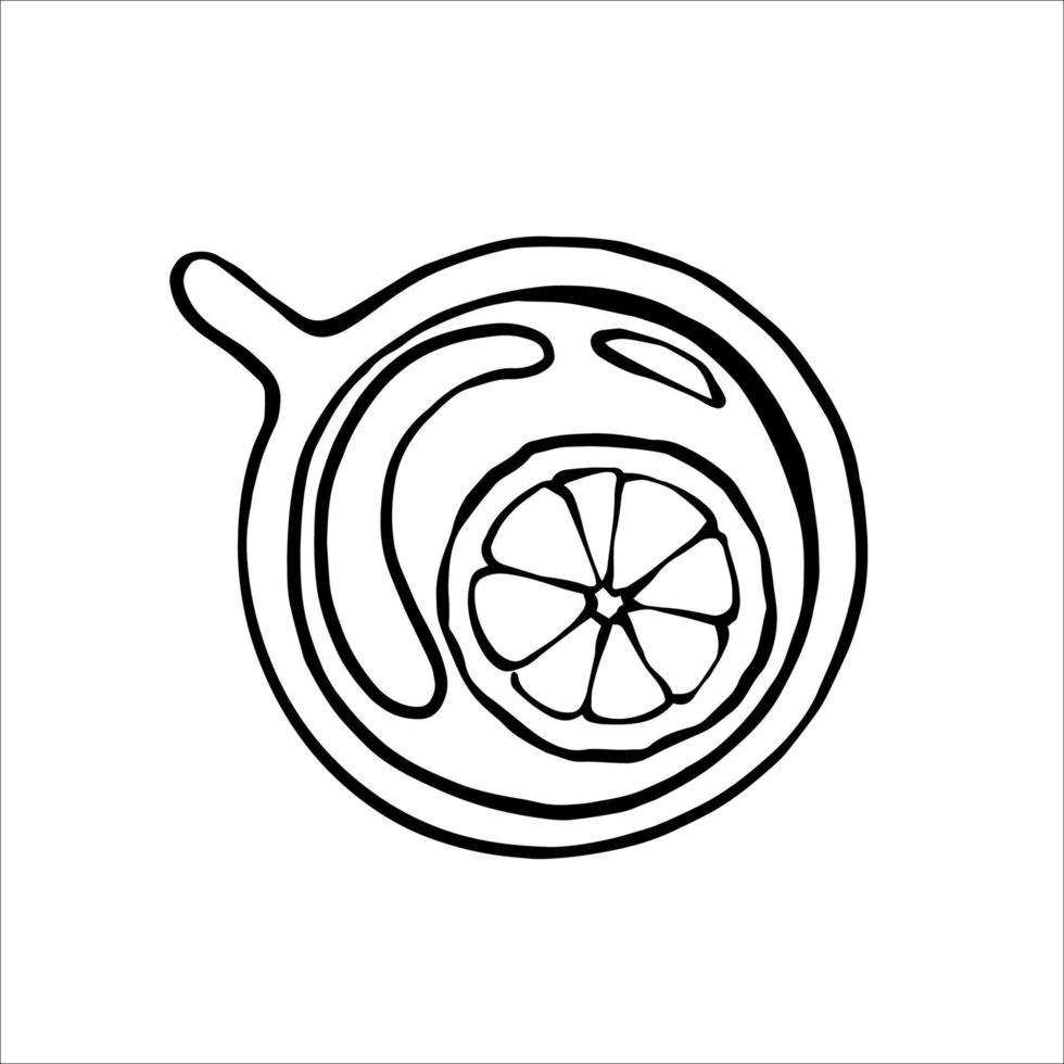 Tea cup with lemon vith high view point. Linear black and white vector drawing.