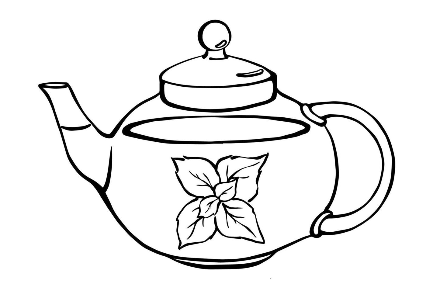 tetera de vidrio dibujada a mano con té de menta. ilustración de contorno en blanco y negro de té de hierbas con menta. elemento de diseño de menú de cafetería. vector