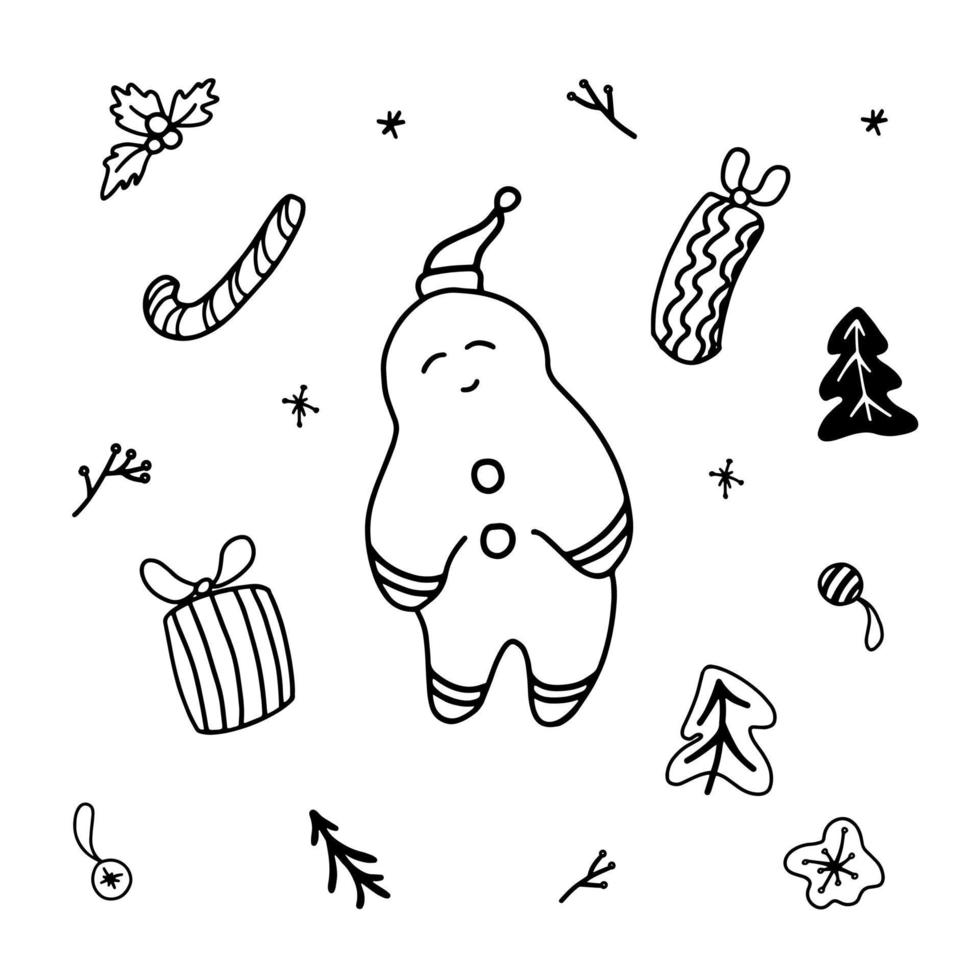 Christmas doodle illustration set. Black and white vector set of hand drawn linear design elements. Gingerbreadman, gift boxex, lollipop, holly berry and trees.