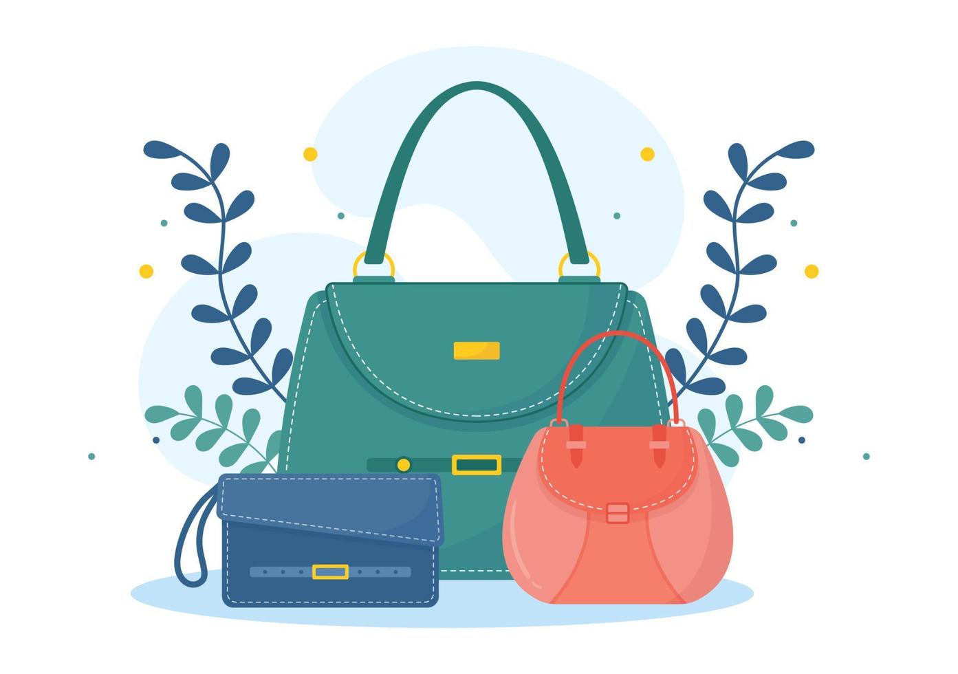 tienda de bolsos con colección de varios bolsos de calidad y diferentes tipos de estilo de vida en ilustración de plantilla de caricatura dibujada a mano plana vector