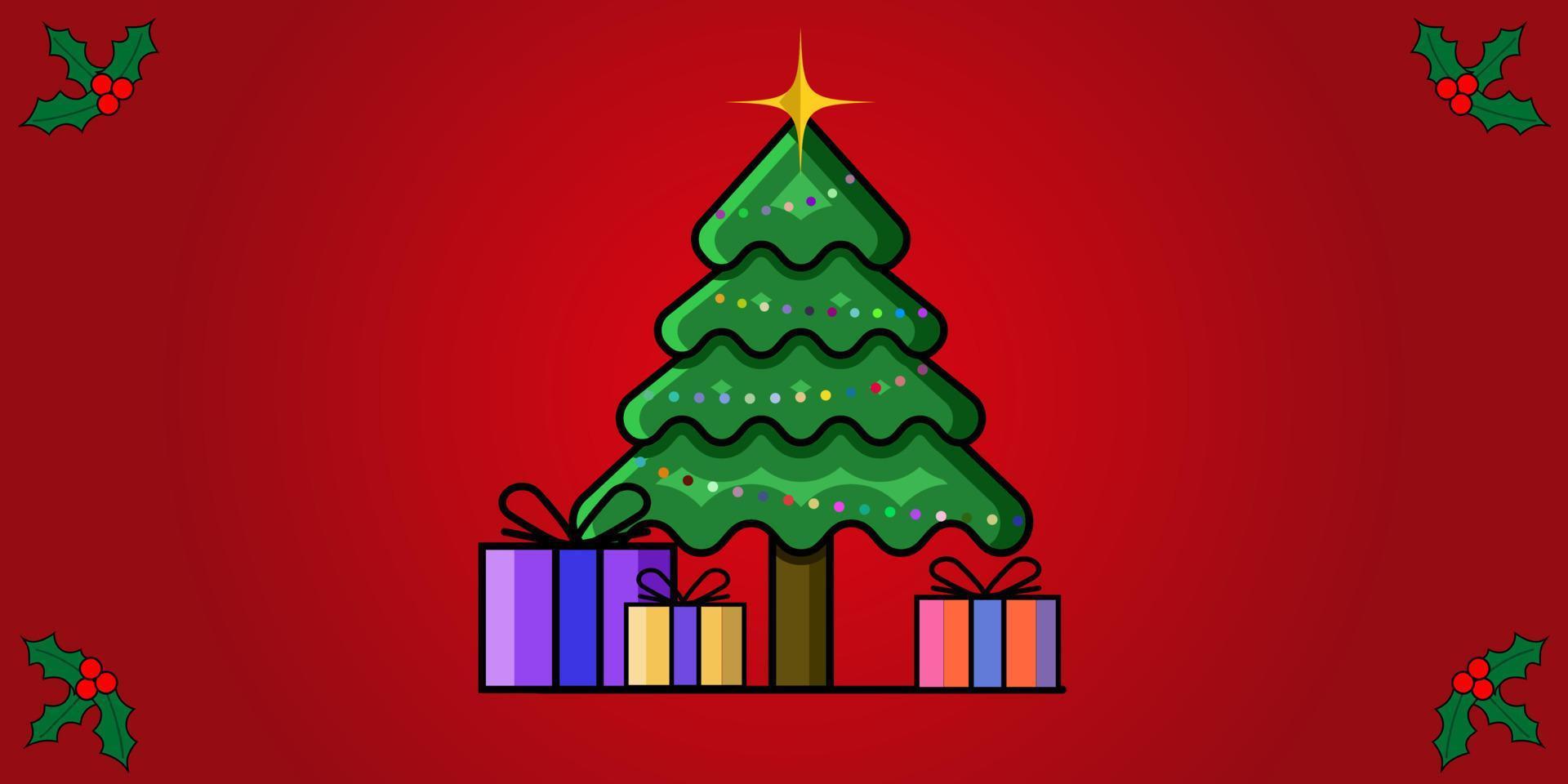 árbol de navidad con regalos sobre fondo rojo vector