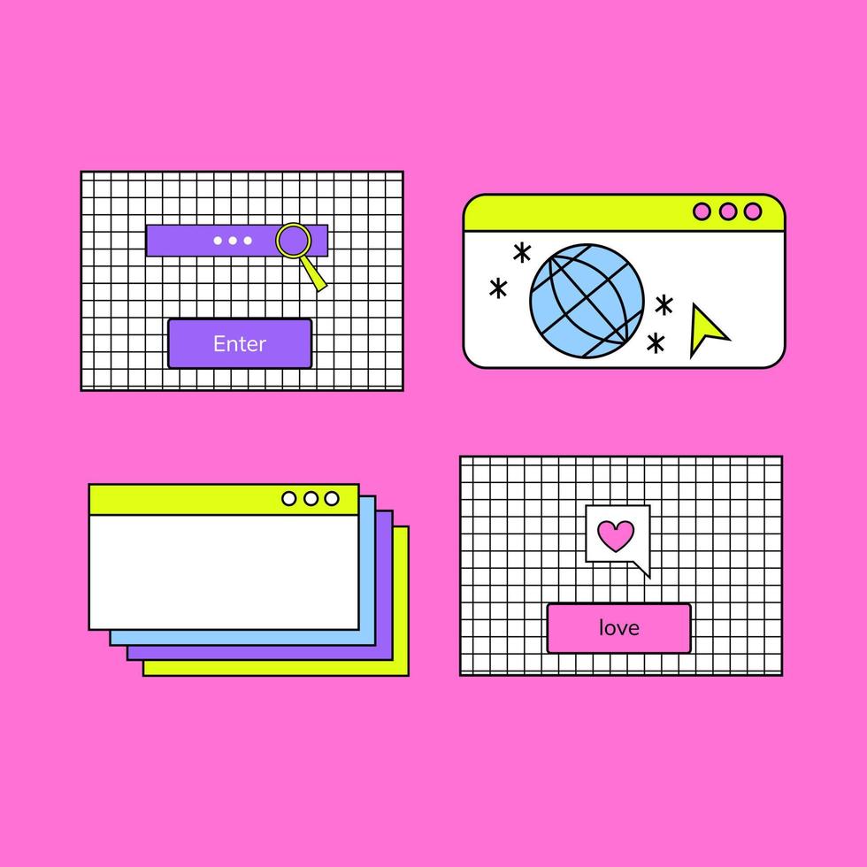 Old pc windows 90s set. Game Old pc aesthetic.Retro 80s, 90s vector flat icons. Retro web icons