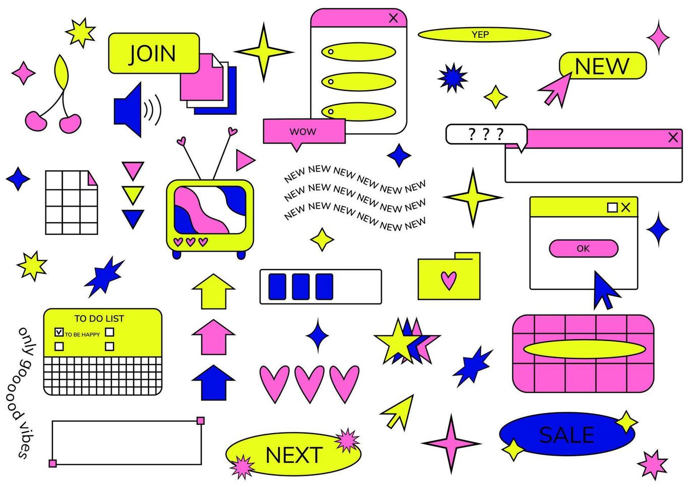 Conjunto de estilo de PC antiguo de Windows 90. estética retro de la computadora. iconos electrónicos web. Ilustraciones vectoriales de vibraciones de 1990. juego retro estilo años 90 vector