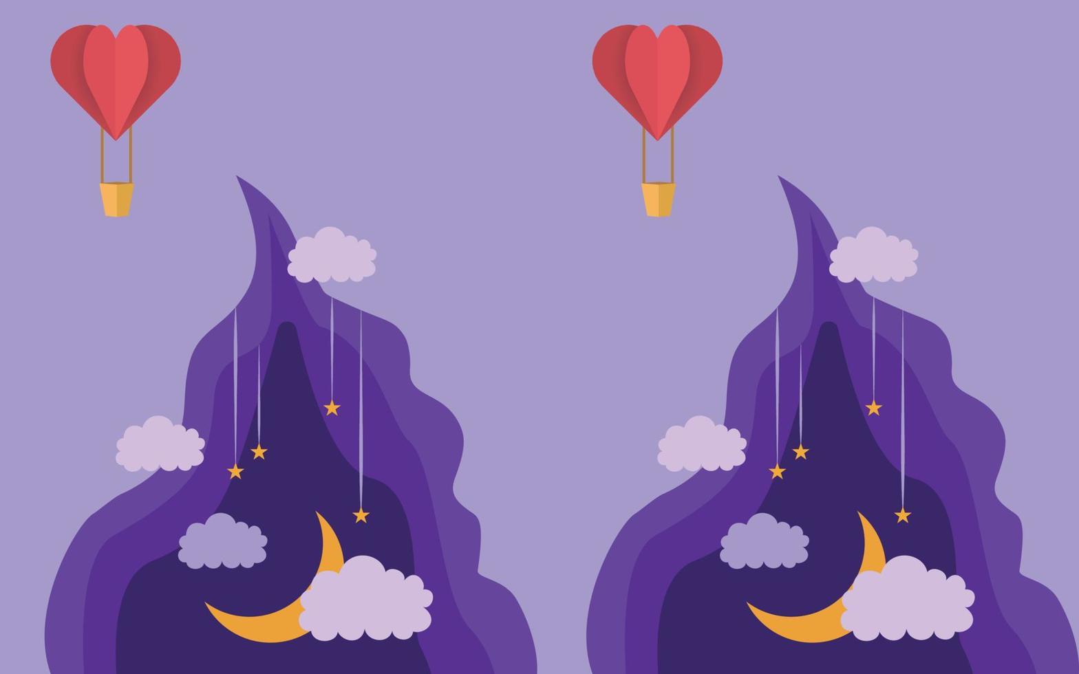 cielo nocturno y globo de aire caliente en forma de corazón en ilustración de tarjeta de vector de estilo de corte de papel